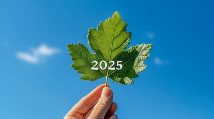 human hand holds a leave with the New Year 2025, in the background just a blue sky, concept: Sustainability, New Year's resolutions, 16:9