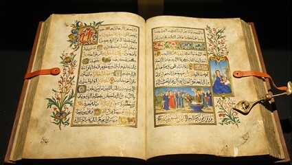Ancient illuminated manuscript in historical library