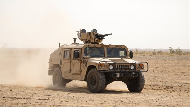 Military Humvee with heavy weaponry in desert patrol
