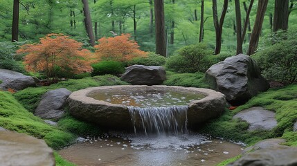 Fototapeta premium Serene Stone Waterfall In Lush Green Forest Garden