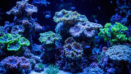 Naklejka premium Vibrant bioluminescent coral reef with colorful fish