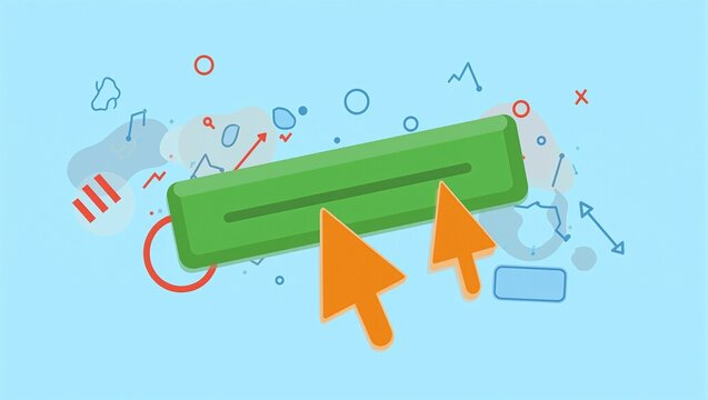 Vibrant cursor on green button amid floating shapes