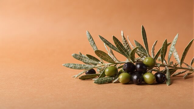Mediterranean olive branches on terracotta backdrop