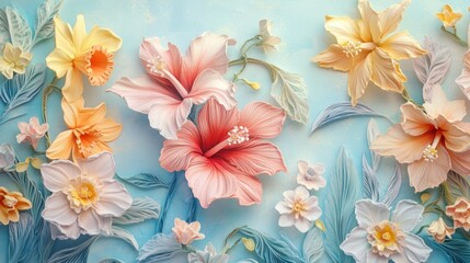 Fototapeta premium Paper Flower Bouquet on a Blue Background