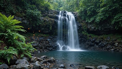 Obraz premium Serene waterfall landscape with fireflies and ferns