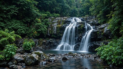 Fototapeta premium Serene waterfall landscape with fireflies and ferns