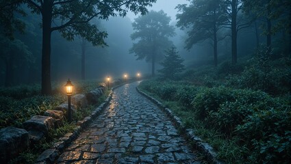 Fototapeta premium Enchanting forest path with glowing lanterns in fog
