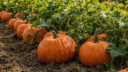 Vibrant pumpkins on lush foliage in autumn sunlight