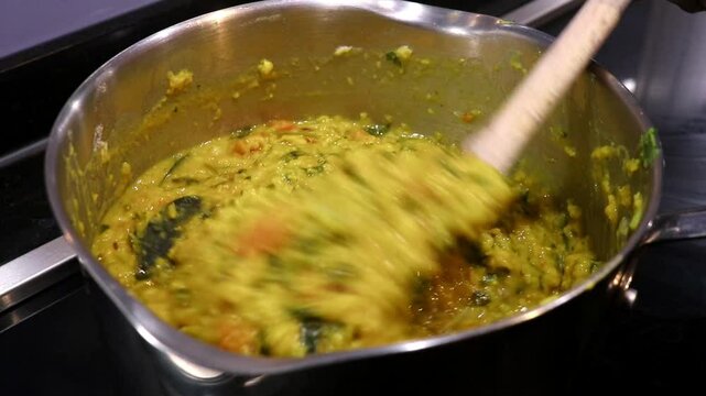 Dahl Indian Cuisine Curry Spices Lentils Yellow Stirring Preparing Cooking Spoon