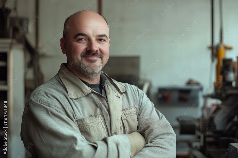 Poster a confident auto mechanic man in work attire stands with arms crossed in a workshop. he has a friend