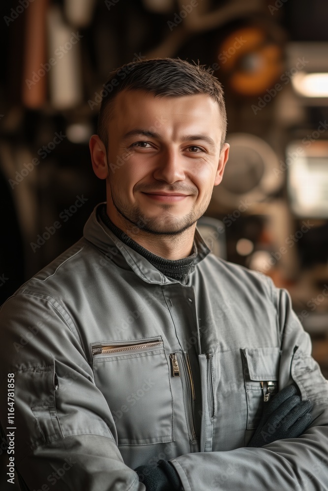 Poster a confident young auto mechanic man in a gray work uniform, smiling with arms crossed. he is in a wo