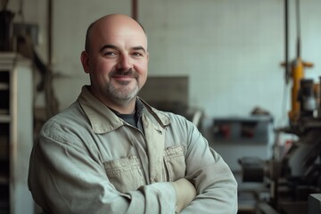Obraz premium A confident auto mechanic man in work attire stands with arms crossed in a workshop. He has a friendly smile and a bald head, surrounded by tools and machinery in the background.