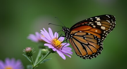 Fototapeta premium Monarch butterfly resting on purple aster flower in nature's tranquility