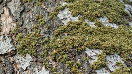 Tranquil moss pebbles on textured bark soft light