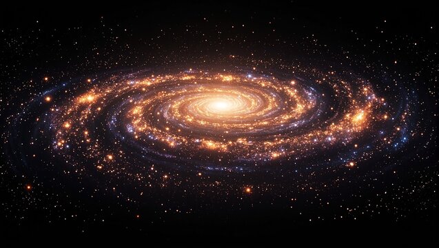 Golden and violet spiral galaxy in deep black void