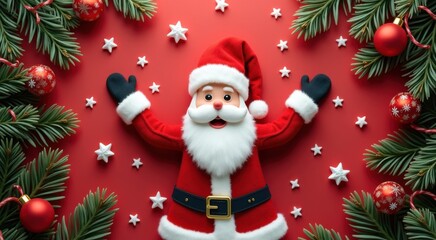 Santa claus is standing in the middle of a christmas wreath