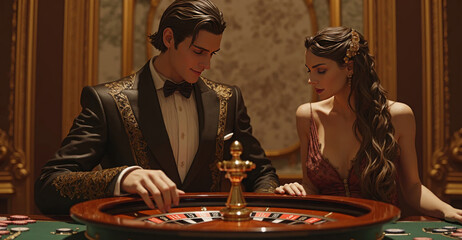 Elegant couple in luxury casino attire by a roulette table, symbolizing sophistication, gambling culture, and premium lifestyle branding for exclusive marketing campaigns.