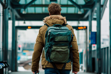 Man wearing brown jacket and carrying backpack walking through train station