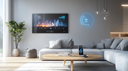 simple, futuristic smart home living room with minimal decor. A sleek sofa sits against a clean wall, and a digital assistant screen displays an intuitive interface.
