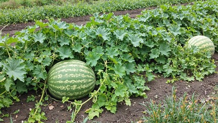 Lush watermelon vine with striped fruit in garden
