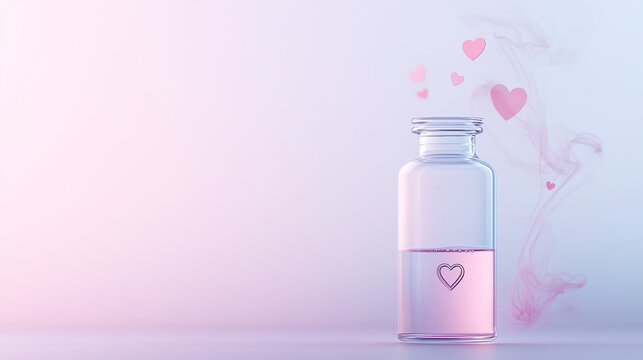 A minimalist glass vial with pink liquid and a heart design, surrounded by delicate floating pink hearts and soft mist in a pastel setting, evoking love and romantic simplicity. - Powered by Adobe