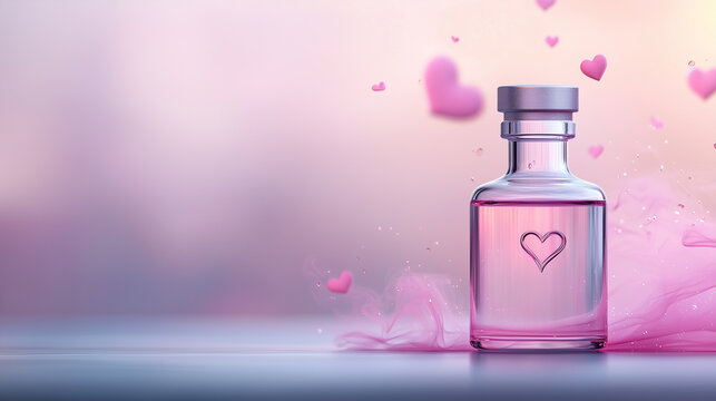 A stunning glass vial with a glowing heart design and pink liquid, surrounded by soft pink mist and floating hearts, set against a dreamy pastel backdrop to evoke romance and warmth.