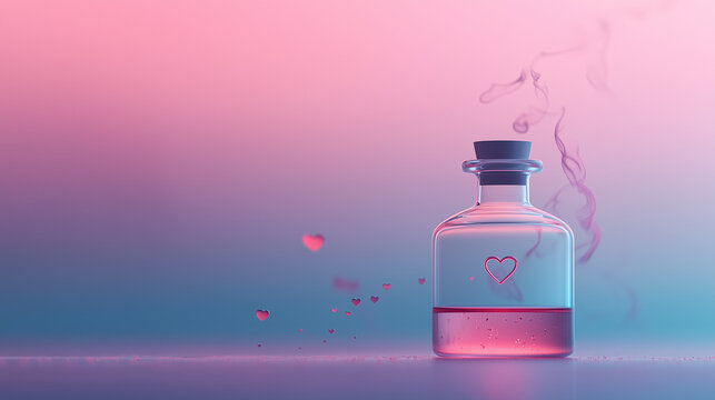 A luminous glass vial filled with pink liquid and glowing heart shapes, emitting a soft mist and surrounded by warm pastel tones, creating an enchanting and romantic Valentine’s atmosphere.
