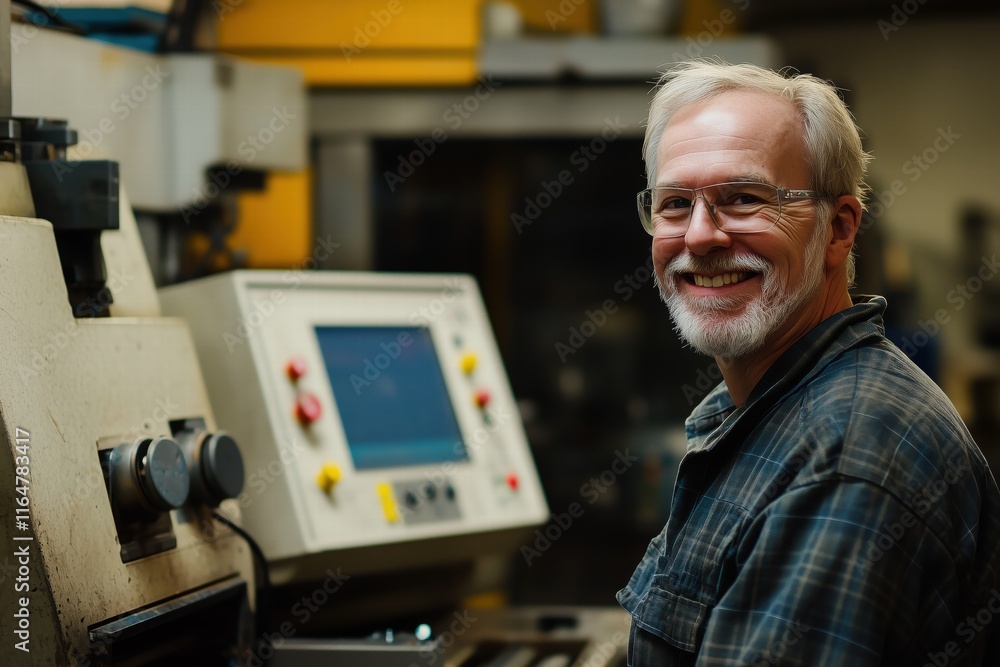 Poster a smiling cnc machine operator man with glasses working at a machine in a workshop. he has gray hair
