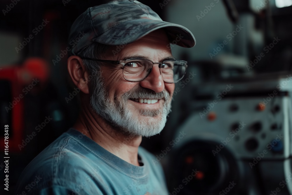 Poster a smiling cnc machine operator older man with glasses and a cap, standing in a workshop filled with 