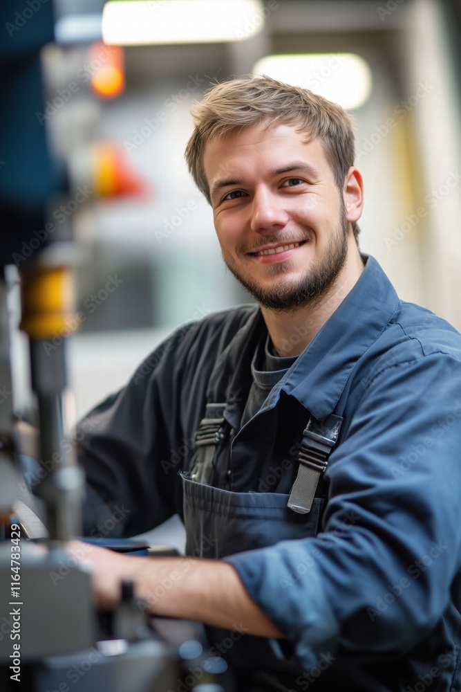 Poster a smiling young cnc machine operator in a work uniform, seated at a machine in a workshop. he has sh