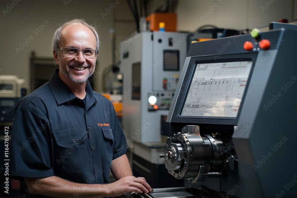Poster a smiling technician in a workshop, standing next to a cnc machine with a digital display. the envir