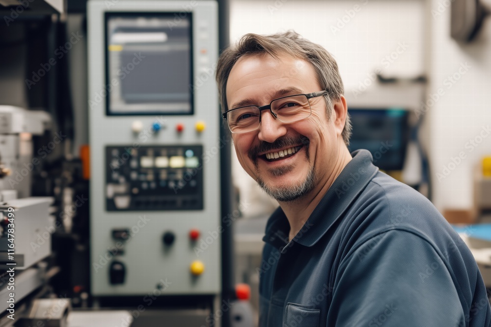 Poster a smiling cnc machine operator with glasses in a workshop setting, working on machinery. he appears 