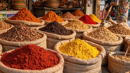 Fototapeta premium Exotic spices in vibrant colors at market stall