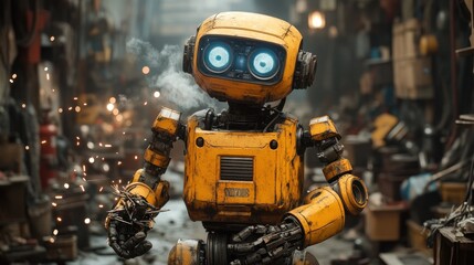 A charming robot stands in a cluttered workshop, surrounded by tools and sparks flying.