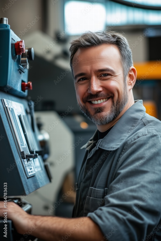 Poster a smiling cnc machine operator man operating a machine in an industrial setting, wearing a gray work