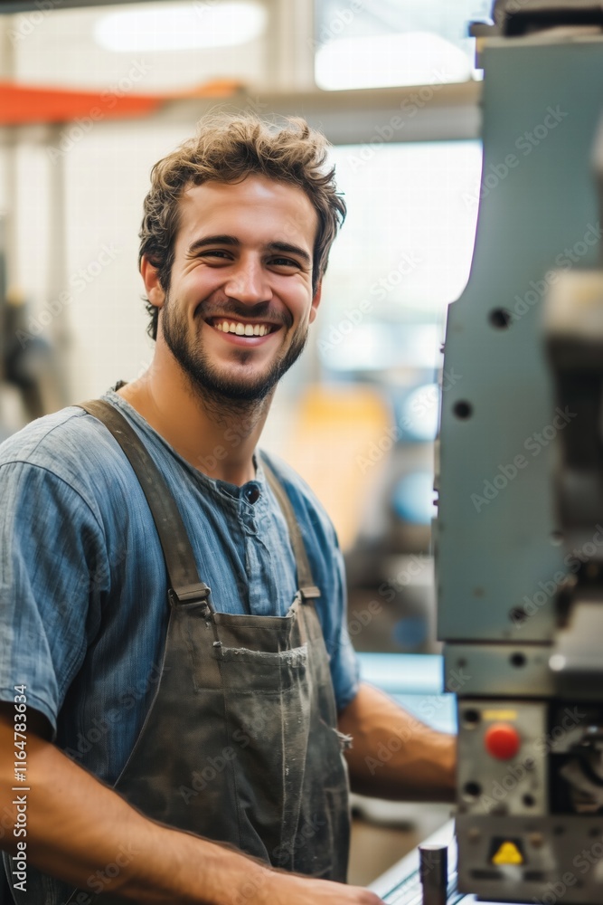 Poster a smiling young cnc machine operator man in work attire, standing next to a machine in a workshop. h