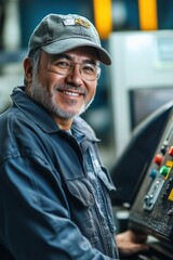 A smiling CNC machine operator man with glasses and a cap, operating a machine in a workshop. He wears a dark work uniform and stands next to a control panel with colorful buttons.