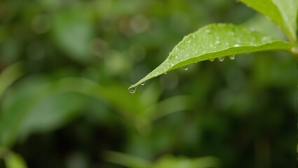 Vivid raindrop on green leaf mirroring forest