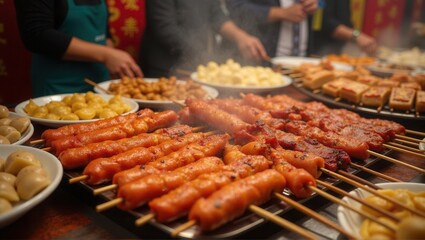 Close-up of skewered grilled meat with a shiny glaze, arranged on a street food stand, accompanied by dumplings and festive red decorations in the background. Generative, AI,