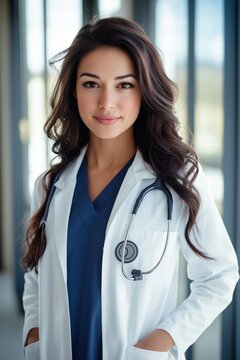 A confident young female doctor in a white lab coat with a stethoscope around her neck, standing in a modern medical facility. She has long, wavy hair and a warm smile.
