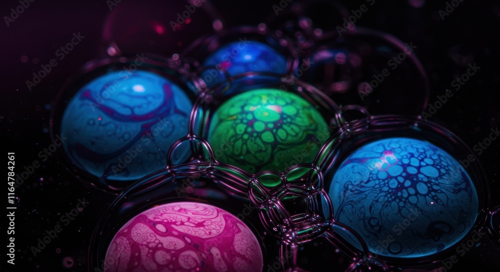 Poster vibrant abstract bubbles with colorful marble patterns in dark setting