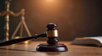 A close up of a wooden gavel on a table with a book