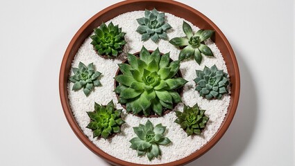 Succulents and cacti in clay bowl with sand