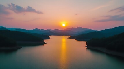 Naklejka premium Serene Sunset over Mountain Lake