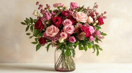 romantic Valentine's Day bouquet featuring a mix of pink and red roses, peonies, and other delicate flowers, arranged elegantly in a simple glass vase. Copy space.