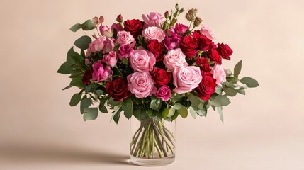 romantic Valentine's Day bouquet featuring a mix of pink and red roses, peonies, and other delicate flowers, arranged elegantly in a simple glass vase. Copy space.