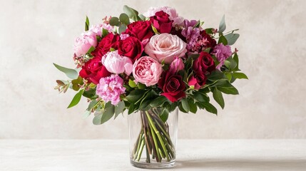 Obraz premium romantic Valentine's Day bouquet featuring a mix of pink and red roses, peonies, and other delicate flowers, arranged elegantly in a simple glass vase. Copy space.