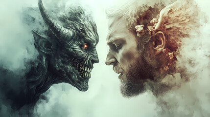 Conceptual art of man battling inner demons, devil and angel whispering in his ears, moral dilemma. Whispering. Illustration