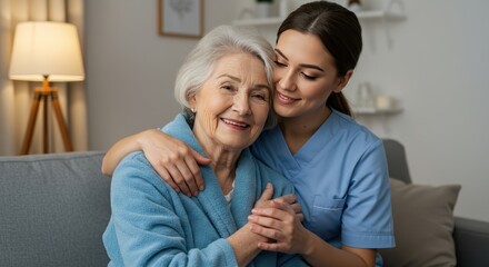 Obraz premium Caretaker embracing elderly woman in cozy living room setting