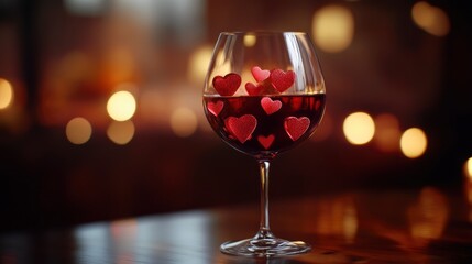 sophisticated Valentine's Day wallpaper featuring a wine glass filled with red wine, with heart-shaped ice cubes floating inside. The glass should be placed on a polished wooden surface.
